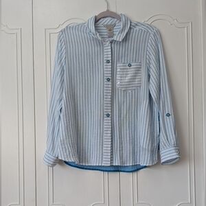 Multiples White Shirt with Light Blue Pinstripes and Pocket Detail